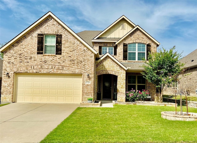 3724 Estates Way, Mckinney, TX 75072 - craftsman-style house with a garage, a front lawn, brick siding, board and batten siding, and concrete driveway