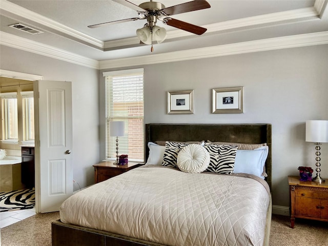 3724 Estates Way, Mckinney, TX 75072 - bedroom with a raised ceiling, ornamental molding, ceiling fan, and visible vents