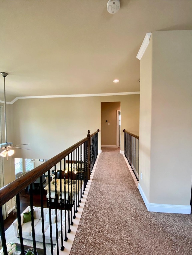 3724 Estates Way, Mckinney, TX 75072 - hall with baseboards, recessed lighting, carpet, and crown molding