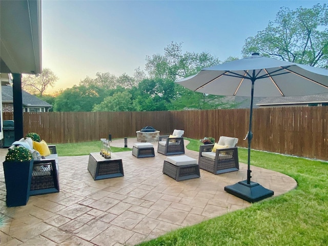 3724 Estates Way, Mckinney, TX 75072 - patio terrace at dusk featuring a yard, an outdoor hangout area, and a fenced backyard