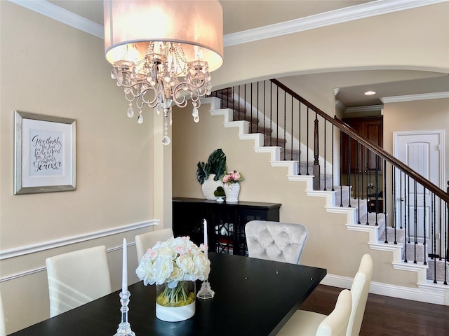 3724 Estates Way, Mckinney, TX 75072 - dining area with baseboards, ornamental molding, stairs, and wood finished floors