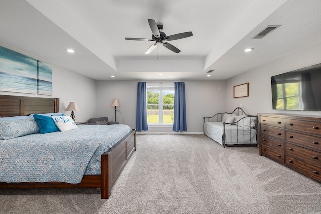 231 Granada Calle St, Granbury, TX 76049 - bedroom featuring carpet, recessed lighting, a tray ceiling, a ceiling fan, and baseboards