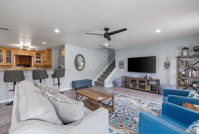 231 Granada Calle St, Granbury, TX 76049 - living room featuring stairs, a ceiling fan, recessed lighting, baseboards, and light tile patterned floors