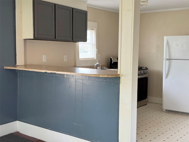 kitchen featuring crown molding, light countertops, baseboards, freestanding refrigerator, and light floors