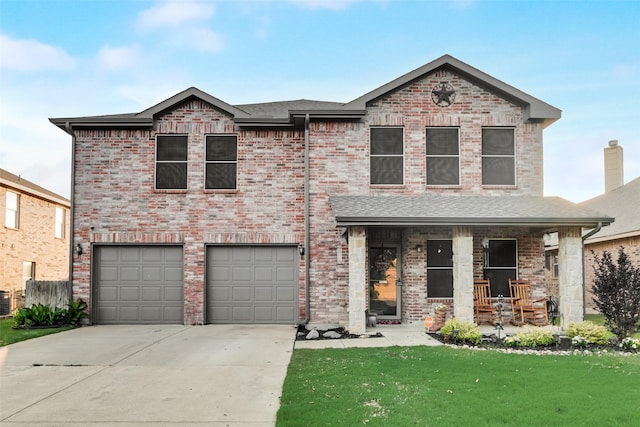 traditional home with a porch, a front yard, brick siding, concrete driveway, and an attached garage