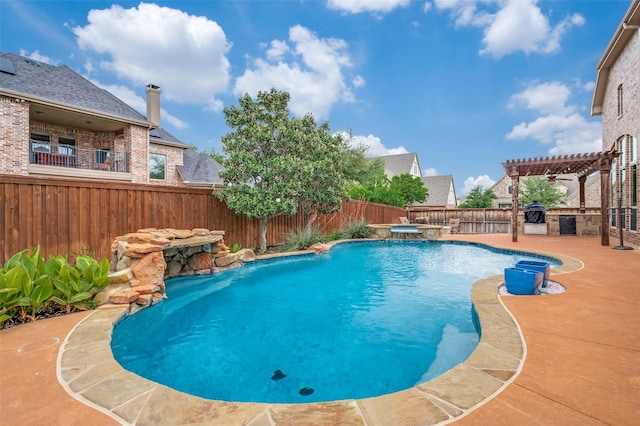 view of swimming pool featuring a patio, a fenced backyard, a pool with connected hot tub, and a pergola