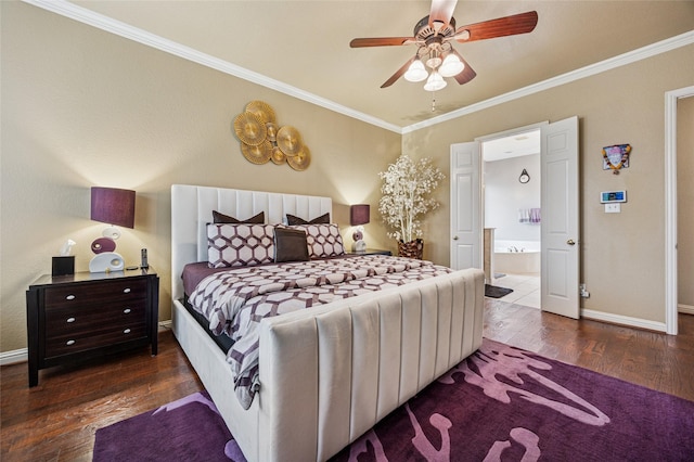 bedroom with crown molding, connected bathroom, ceiling fan, baseboards, and wood finished floors