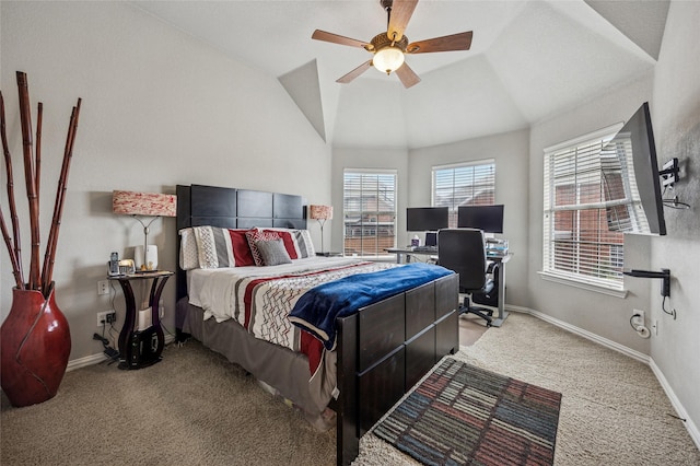 bedroom featuring a ceiling fan, baseboards, carpet, and vaulted ceiling