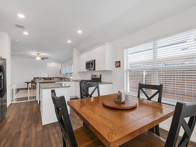 2913 Meadowlands Dr, Forney, TX 75126 - dining area featuring visible vents, a ceiling fan, a wealth of natural light, and dark wood-style floors