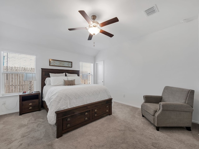 2913 Meadowlands Dr, Forney, TX 75126 - carpeted bedroom with baseboards, visible vents, ceiling fan, and lofted ceiling