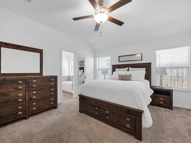 2913 Meadowlands Dr, Forney, TX 75126 - bedroom with ceiling fan, light colored carpet, multiple windows, and vaulted ceiling