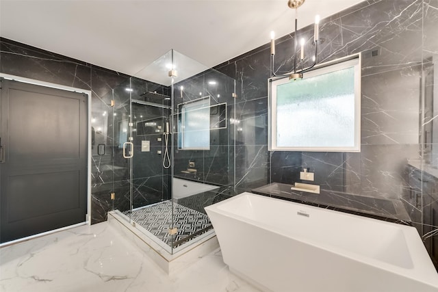 7335 Royal Cir, Dallas, TX 75230 - bathroom featuring a freestanding tub, a shower stall, and marble finish floor