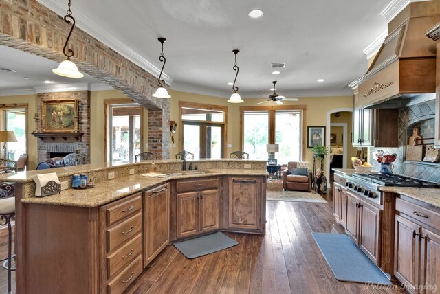 1860 Leonard Rd, Shreveport, LA 71115 - kitchen with open floor plan, a sink, a fireplace, healthy amount of natural light, and recessed lighting