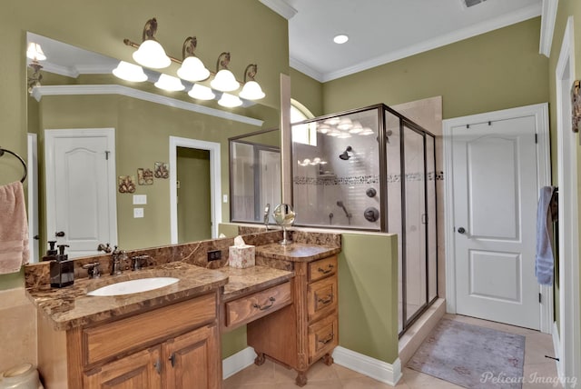 1860 Leonard Rd, Shreveport, LA 71115 - full bath featuring crown molding, a stall shower, tile patterned flooring, and vanity