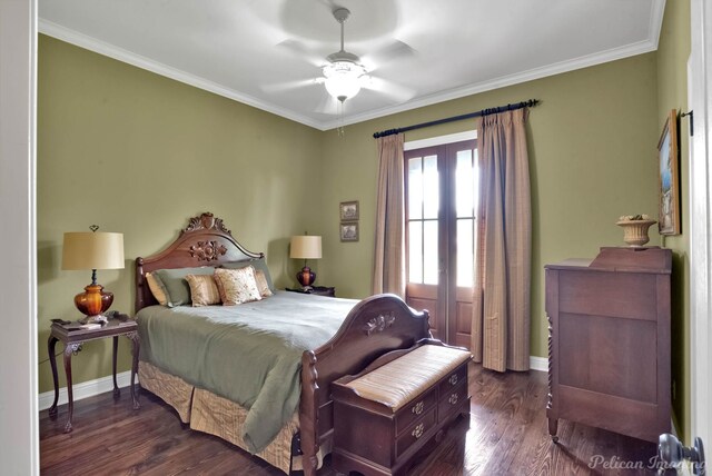 1860 Leonard Rd, Shreveport, LA 71115 - bedroom featuring ornamental molding, french doors, baseboards, wood finished floors, and a ceiling fan