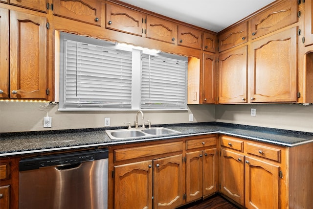 kitchen featuring dark countertops, a sink, and dishwasher