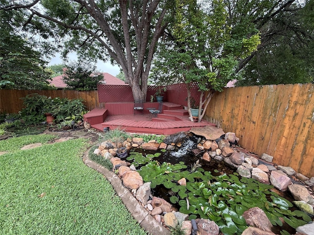 view of yard with a fenced backyard and a deck