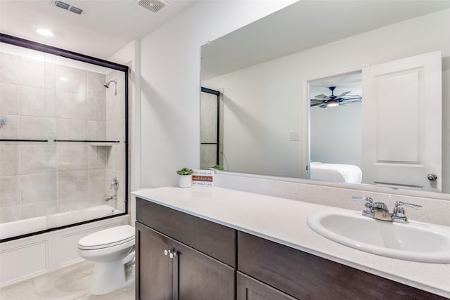 ensuite bathroom featuring shower / bath combination with glass door, toilet, connected bathroom, and visible vents