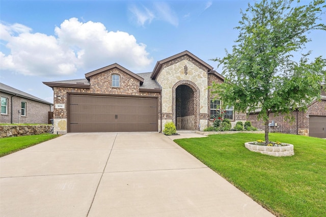 901 Cherry Blossom St, Anna, TX 75409 - view of front of house with driveway, a front yard, a garage, brick siding, and stone siding