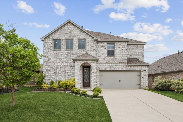 french country inspired facade featuring a front yard and brick siding
