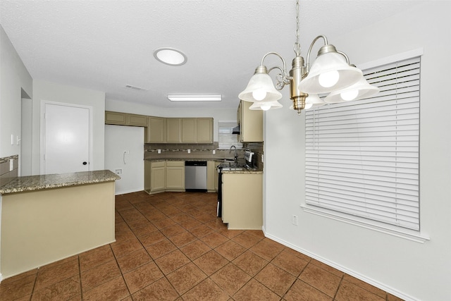 kitchen featuring backsplash, hanging light fixtures, stainless steel dishwasher, a sink, and a notable chandelier
