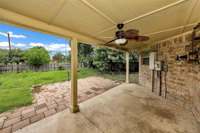 view of patio / terrace featuring a ceiling fan and a fenced backyard