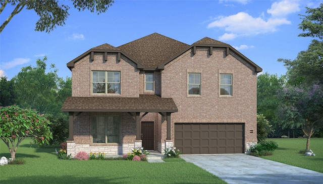 view of front facade featuring concrete driveway, a garage, a front yard, and a shingled roof