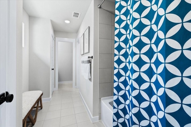 full bath featuring shower / bathing tub combination, visible vents, tile patterned floors, baseboards, and recessed lighting