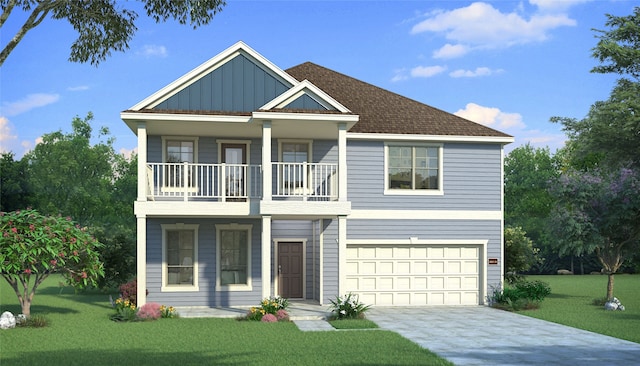 view of front of house with board and batten siding, driveway, a garage, a balcony, and a front lawn