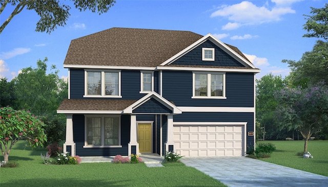 view of front of house with a garage, a front lawn, roof with shingles, and concrete driveway