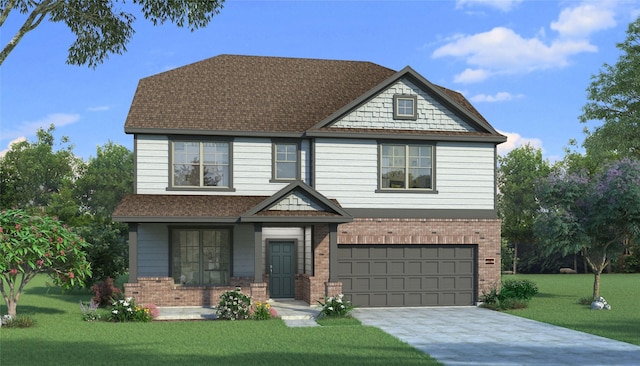 view of front facade featuring roof with shingles, a front yard, a garage, brick siding, and concrete driveway