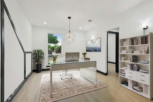4219 Hollow Oak Dr, Dallas, TX 75287 - office space featuring visible vents, light wood-type flooring, baseboards, an inviting chandelier, and recessed lighting