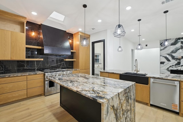 4219 Hollow Oak Dr, Dallas, TX 75287 - kitchen featuring a kitchen island, modern cabinets, extractor fan, a sink, and appliances with stainless steel finishes