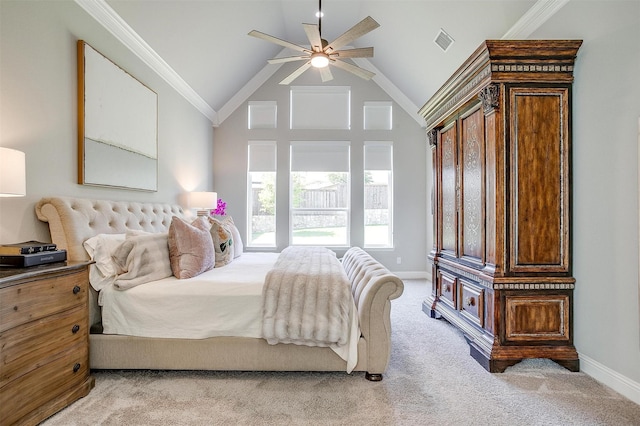 bedroom with visible vents, baseboards, light carpet, and high vaulted ceiling