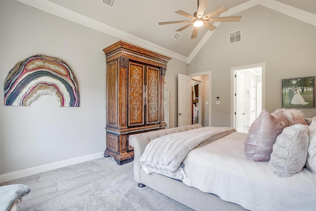 bedroom featuring visible vents, baseboards, high vaulted ceiling, and light carpet