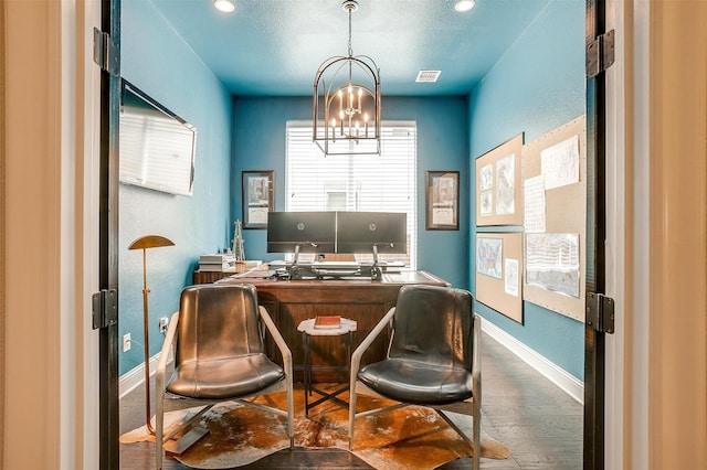 office with visible vents, wood finished floors, baseboards, a chandelier, and recessed lighting