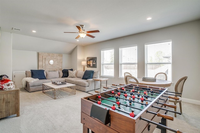 game room with visible vents, light carpet, baseboards, ceiling fan, and recessed lighting