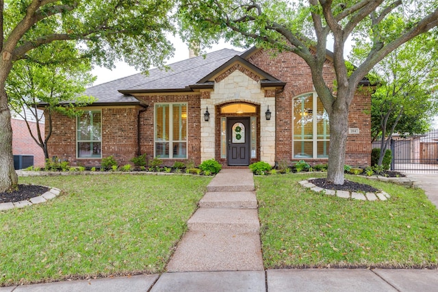 view of front of home with a front yard, brick siding, fence, a shingled roof, and stone siding