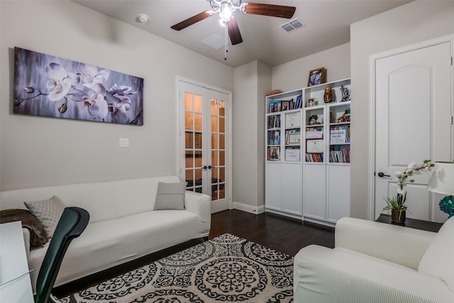 3504 Perkins Ln, Mckinney, TX 75072 - living room with visible vents, baseboards, ceiling fan, french doors, and dark wood finished floors