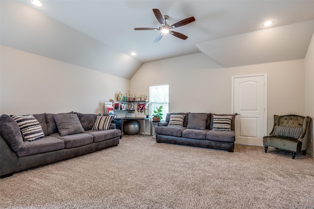 3504 Perkins Ln, Mckinney, TX 75072 - carpeted living room featuring recessed lighting, a ceiling fan, and vaulted ceiling