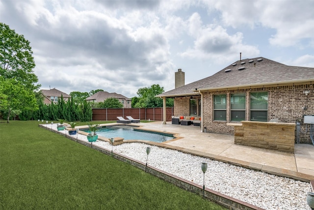 3504 Perkins Ln, Mckinney, TX 75072 - view of swimming pool featuring a lawn, a patio area, a fenced in pool, a fenced backyard, and an outdoor hangout area