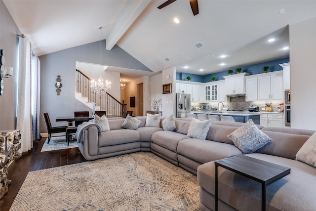 3504 Perkins Ln, Mckinney, TX 75072 - living area with visible vents, stairway, vaulted ceiling with beams, dark wood finished floors, and ceiling fan with notable chandelier