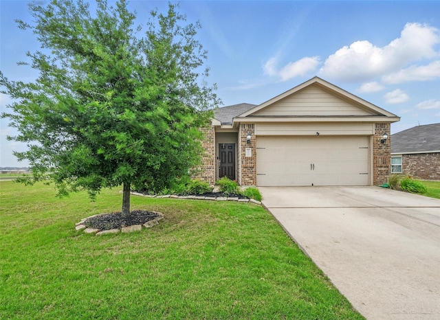 view of front of house with brick siding, driveway, a garage, and a front lawn