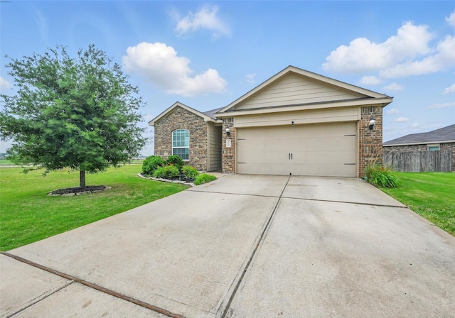ranch-style home with brick siding, concrete driveway, and an attached garage