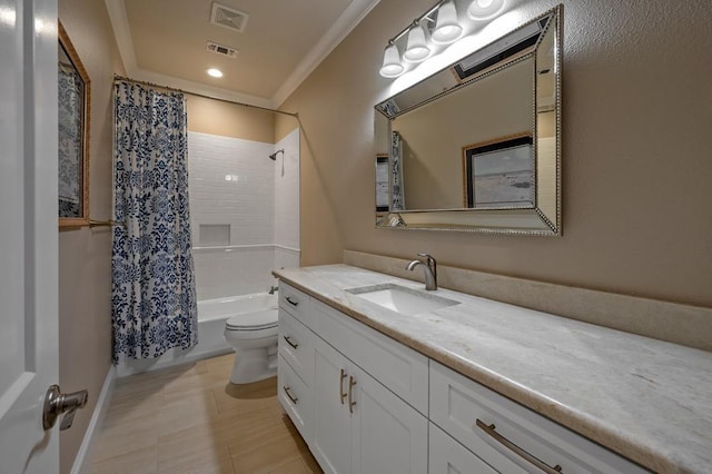 210 Tananger Springs Dr, Denison, TX 75021 - full bath featuring crown molding, vanity, toilet, shower / bath combination with curtain, and visible vents