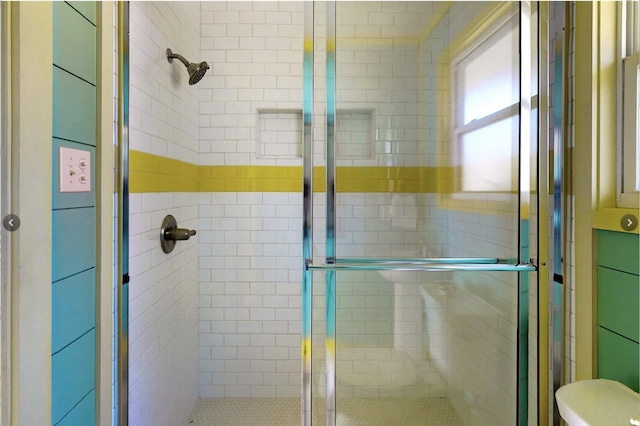bathroom featuring a stall shower and toilet