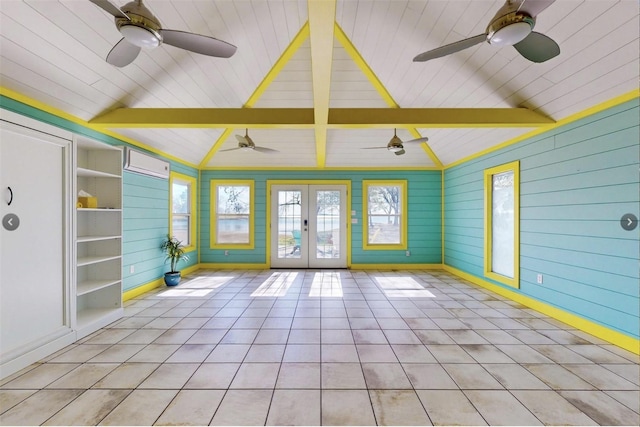 unfurnished sunroom featuring french doors and beam ceiling