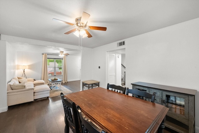 233 NE Moody St, Burleson, TX 76028 - dining space with baseboards, ceiling fan, dark wood finished floors, and visible vents