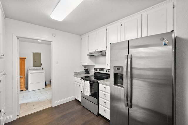 233 NE Moody St, Burleson, TX 76028 - kitchen with dark wood-style flooring, washer / clothes dryer, white cabinets, under cabinet range hood, and stainless steel appliances