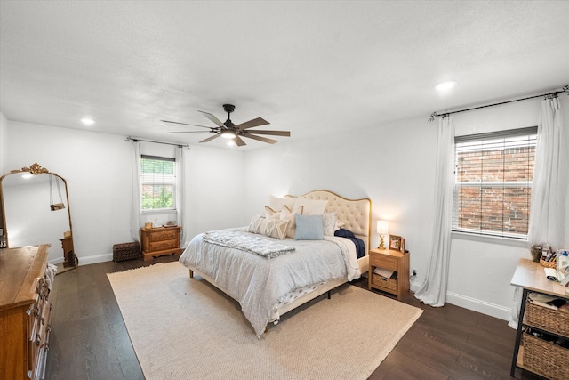 233 NE Moody St, Burleson, TX 76028 - bedroom with recessed lighting, baseboards, dark wood-style floors, and ceiling fan